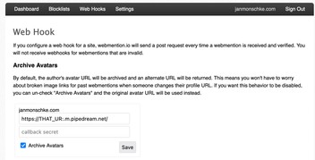webmention.io settings screenshot showing the form to enter a webhook url
