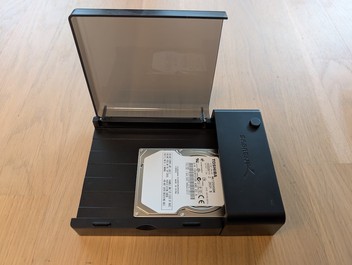 The bare hard drive, connected to the external sata connector